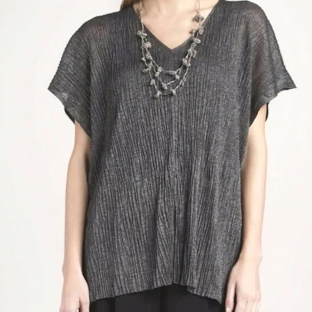 Eileen Fisher Metallic Pressed Viscose Linear Crinkle Tunic Sz L Top Gray Sliver